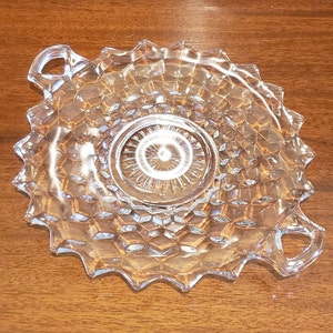 Two Handled Glass Plate in the Clear American Cube Pattern made by Fostoria