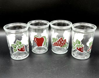 Late 1980s Repurposed Bama Jelly Jar Clear Ball Juice with Fruit Theme - Set of Four Glasses