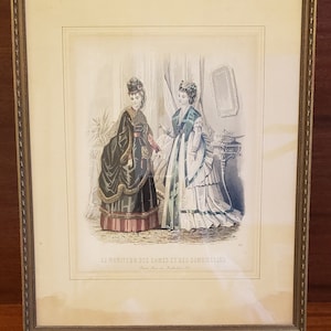 1870 Framed French Fashion Print, #951, Hand Colored and Signed by David Jules