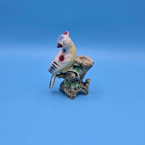 Vintage Hand Painted Mid Century Modern Ceramic Bird Perched on a Tree Trunk / Vase / Planter