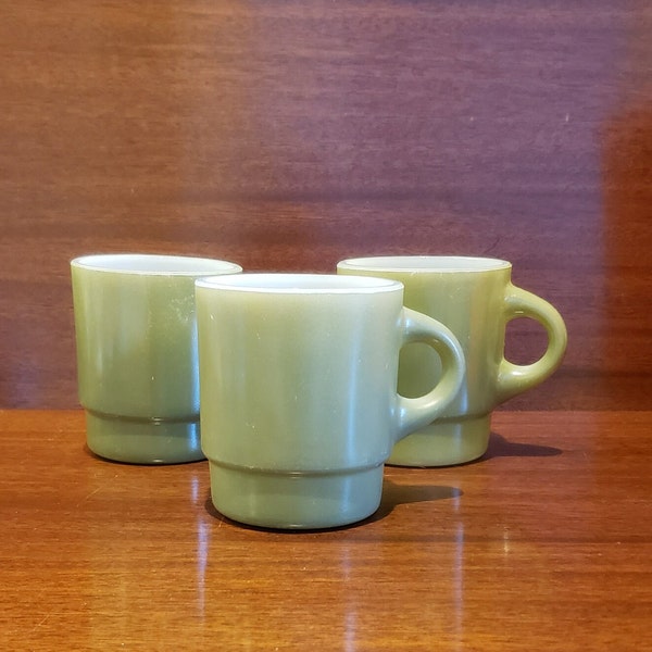 Fire-King Stacking Mugs in Olive Green by Anchor Hocking - Set of 3