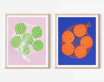 Fruit Prints Set, Kitchen Prints Set of 2, Abstract Food Art, Fruit Wall Art Set, Colorful Kitchen Prints, Set of 2 Prints, Unframed Art