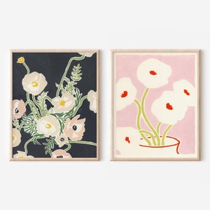 Set of 2 Floral Art Prints, Abstract Botanical Print Set 2, Poppies Wall Art Set, Colorful Floral Prints 2, Pink Boho Wall Art