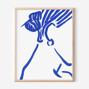 Woman&#39;s Face Line Art, Blue Abstract Portrait Print, Feminine Home Decor, Unframed Print, Minimalist Art