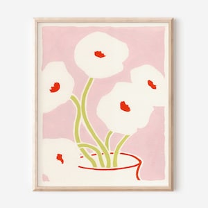 Amapolas abstractas en estampado de jarrón, arte de ramo floral rosa, arte de amapolas vintage, impresión sin marco, decoración de pared minimalista
