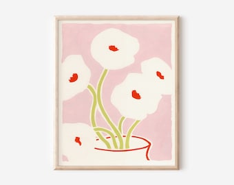 Abstract Poppies in Vase Print, Pink Floral Bouquet Art, Vintage Poppies Art, Unframed Print, Minimalist Wall Decor