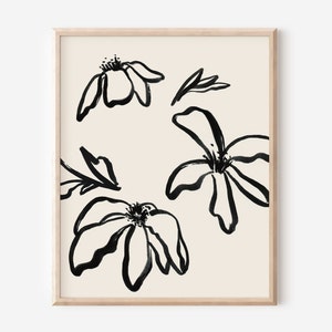 Floral Line Art Print, Minimalist Botanical Art, Abstract Magnolias Print, Mid Century Wall Decor, Unframed Print