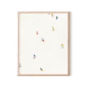 Mini Skiers Illustration Print, Abstract Ski Slope Art, Snowy Winter Painting, Holiday Art, Unframed Print, Minimalist Wall Decor