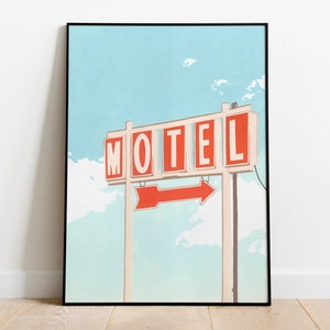 May include: A vintage motel sign with red letters against a white background. The sign reads "MOTEL" and has a red arrow pointing to the right.
