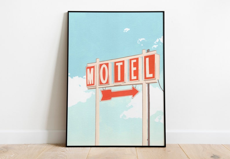 May include: A vintage motel sign with red letters against a white background. The sign reads "MOTEL" and has a red arrow pointing to the right.
