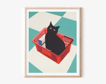 Black Cat in Basket Art Print: Funny Gouache Illustration