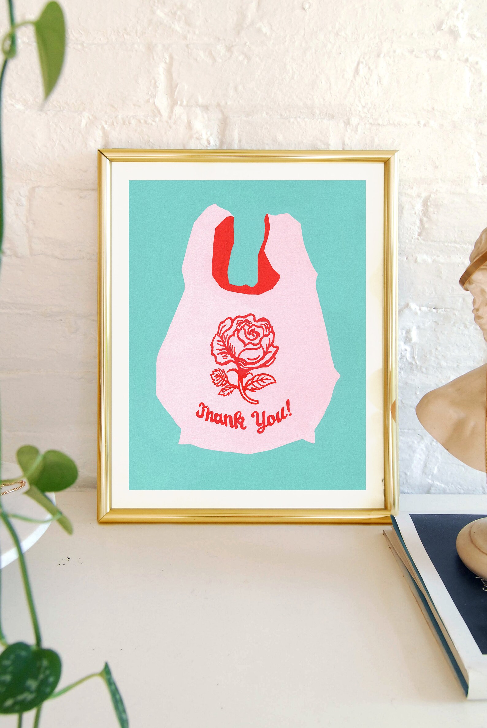 Rose Shopping Bag Art Print Thank You Plastic Bag Art Etsy