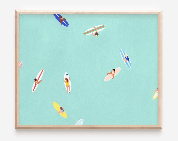 Abstract Surfers Art Print: Beach Ocean View, Minimalist Decor