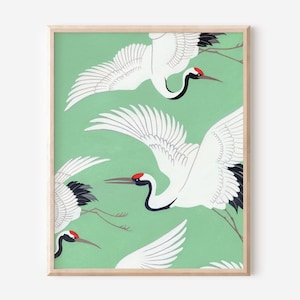 Japanese Cranes Art Print, Heron Birds Painting, Asian-inspired Print, Chinoiserie Print, Mint Green Print, Unframed Art, Minimal Wall Decor