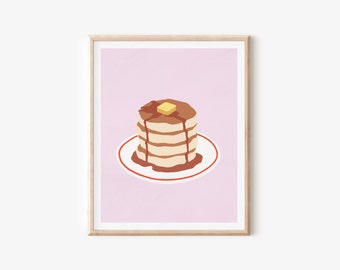 Pancakes art print, Cute food art, Pink kitchen wall art, Brunch breakfast poster, Breakfast illustration art, Unframed Print