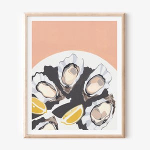 May include: A close-up of a plate of oysters with lemon wedges. The oysters are arranged in a circle around the lemon wedges. The plate is on a peach-colored background.