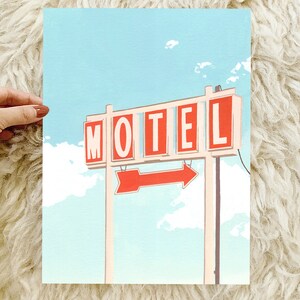 May include: A vintage motel sign with red letters on a white background against a blue sky with white clouds. The sign reads "MOTEL" and has a red arrow pointing to the right.
