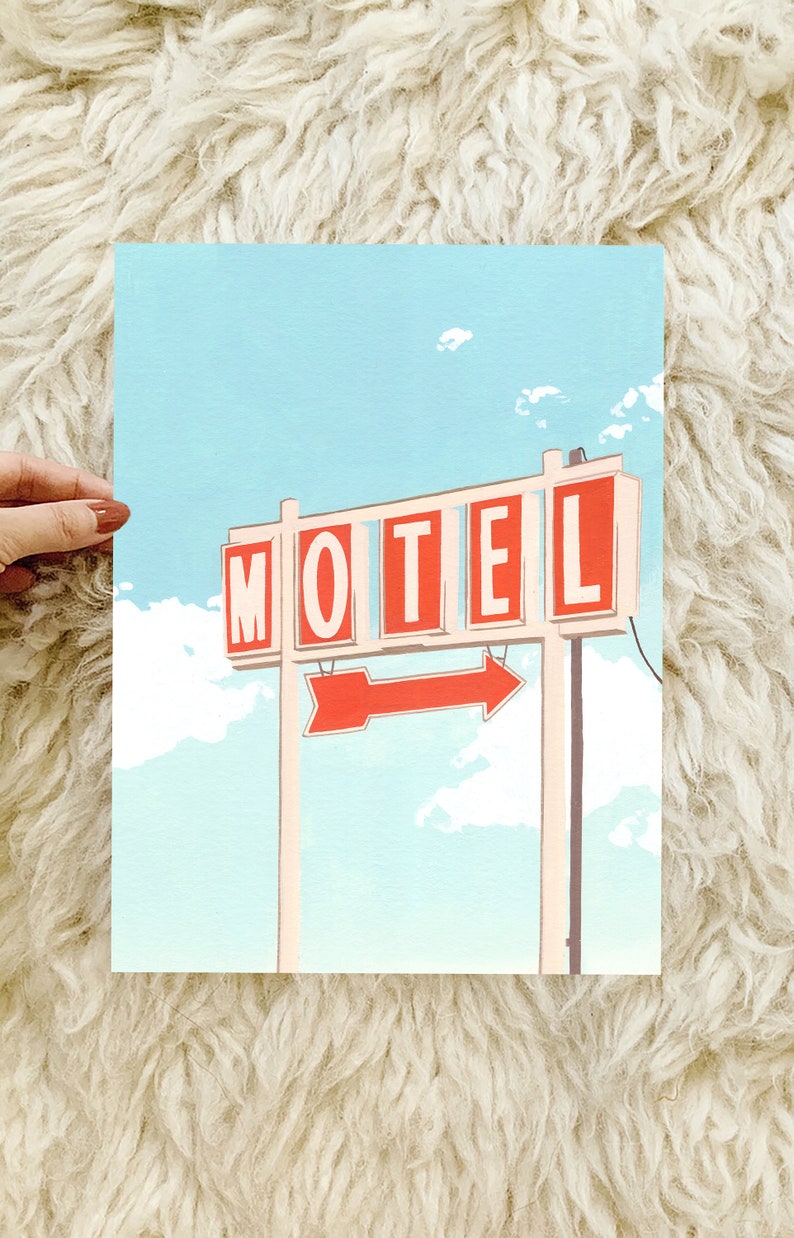May include: A vintage motel sign with red letters on a white background against a blue sky with white clouds. The sign reads "MOTEL" and has a red arrow pointing to the right.