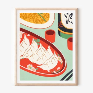 Asian Food Art, Dumplings Print, Noodles Art, Cute Food Illustration, Red Chinese Art, Colorful Kitchen Art, Unframed Print, Modern Wall Art