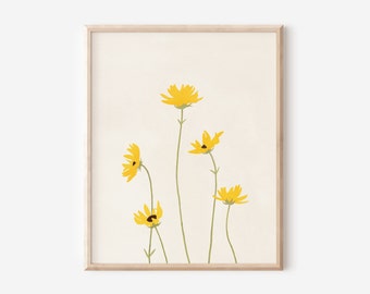 Yellow Daisies Minimal Print, Wildflowers Art, Minimalist Floral Print, Girls Room Nursery, Unframed Print, Abstract Wall Decor