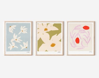 Set of 3 Abstract Floral Prints, Colorful Flower Market Prints, Botanical Wall Art Set, Boho Floral Prints, Nursery Prints, Unframed Prints