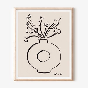 Boho Floral Line Art, Abstract Botanical Print, Beige and Black Art, Flowers in Vase Illustration, Unframed Print, Minimalist Wall Decor