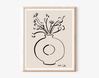 Boho Floral Line Art, Abstract Botanical Print, Beige and Black Art, Flowers in Vase Illustration, Unframed Print, Minimalist Wall Decor