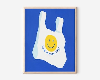 Thank You Shopping Bag Art Print, Have A Nice Day Plastic Bag, Unframed Print, Minimal Wall Decor