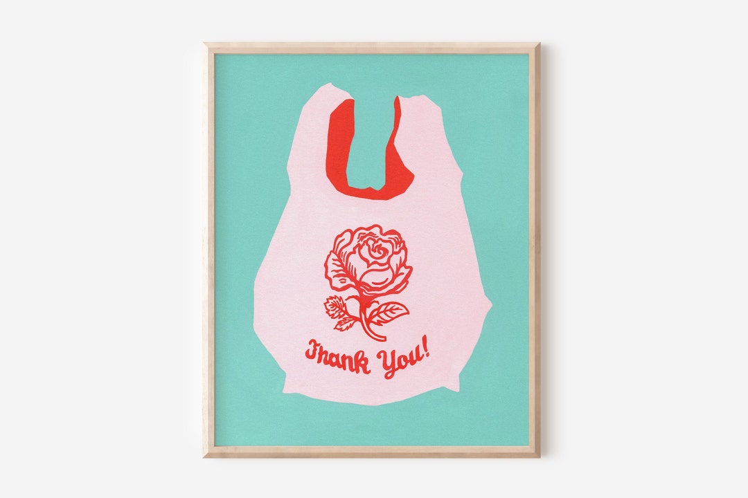 Rose Shopping Bag Art Print, Thank You Plastic Bag Art, Unframed Print