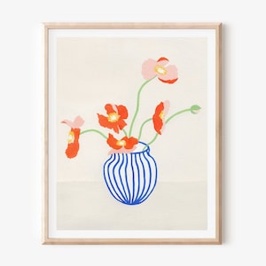 Impresión artística floral de amapolas, arte en jarrón de flores, impresión sin marco, decoración de pared minimalista