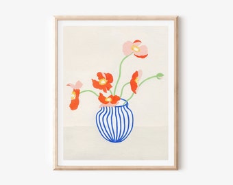 Poppies Floral Art Print, Flowers Vase Art, Unframed Print, Minimal Wall Decor