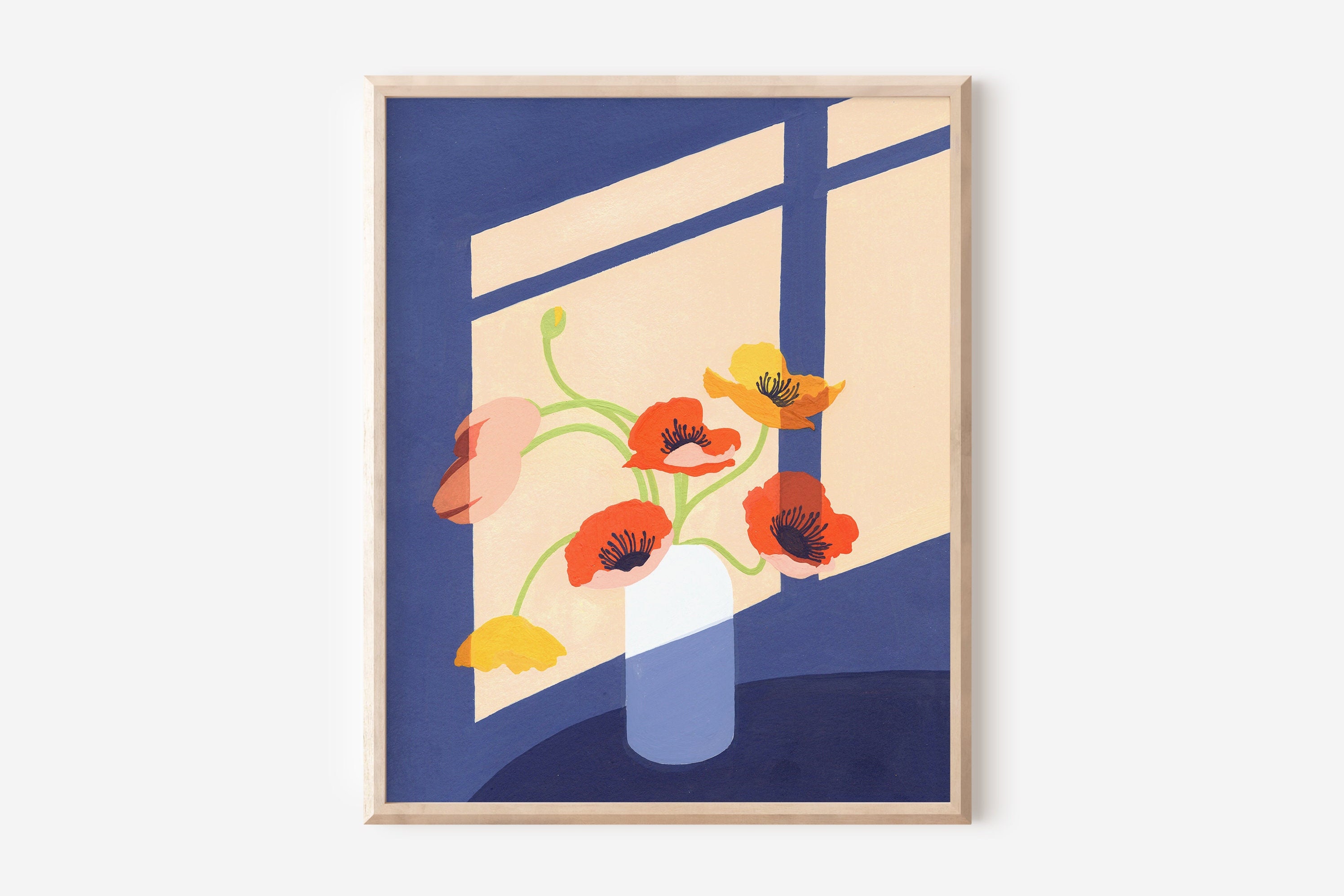 Poppies Tulips Bouquet by the Window Art Print, Flowers in Vase Art, Floral Graphic Illustration, Unframed Print, Minimal Wall Decor