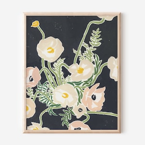 Dark Floral Art Print, Abstract White Poppies with Black Background, Moody Bedroom Home Decor, Unframed Print, Boho Wall Art