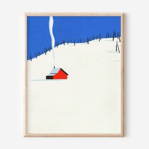 Snowy Red Cabin Illustration Print, Cozy Winter Print, Abstract Holiday Art, Unframed Print, Minimal Wall Decor