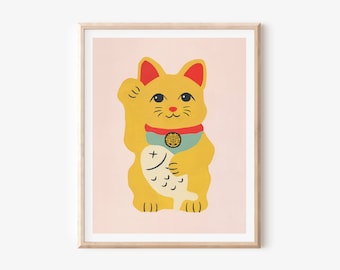 Lucky Cat Print, Maneki Neko Print, Good Luck Print, Cute Cat Illustration, Japanese Cat Art, Unframed Print, Pink Cat Wall Decor