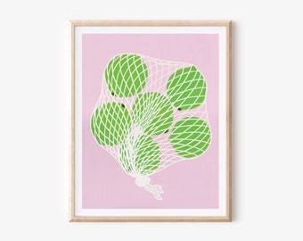 Limes Wall Art, Abstract Fruit Art, Pink Food Art, Food Illustration, Pink Kitchen Wall Art,  Colorful Food Art, Unframed Print