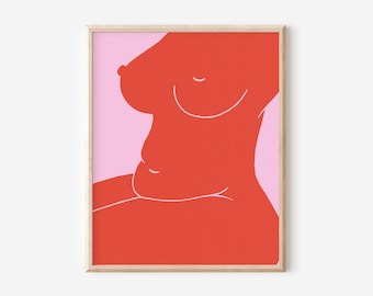 Pink and Red Abstract Nude Art Print, Woman Curves Illustration, Unframed Print, Wall Art