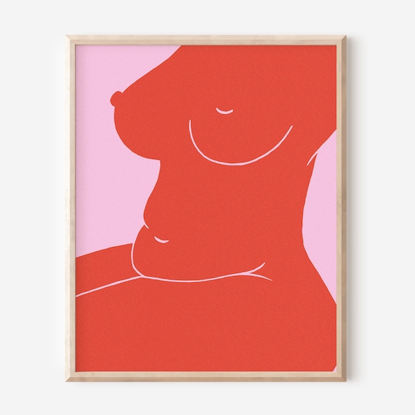 Pink and Red Abstract Nude Art Print, Woman Curves Illustration, Unframed Print, Wall Art