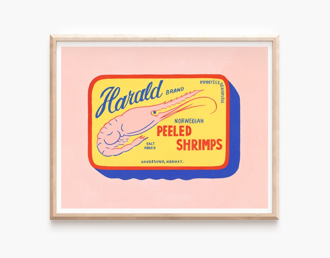 Retro Food Art Print, Vintage Food Poster, Pink Kitchen Print, Shrimp