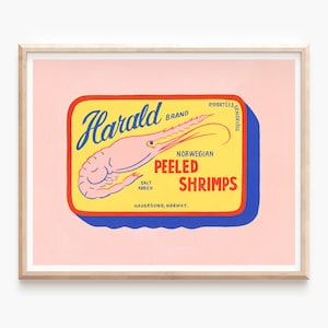 Retro Food Art Print, Vintage Food Poster, Pink Kitchen Print, Shrimp Seafood Art, Fish Tin Print, Unframed Print, Colorful Kitchen Wall Art