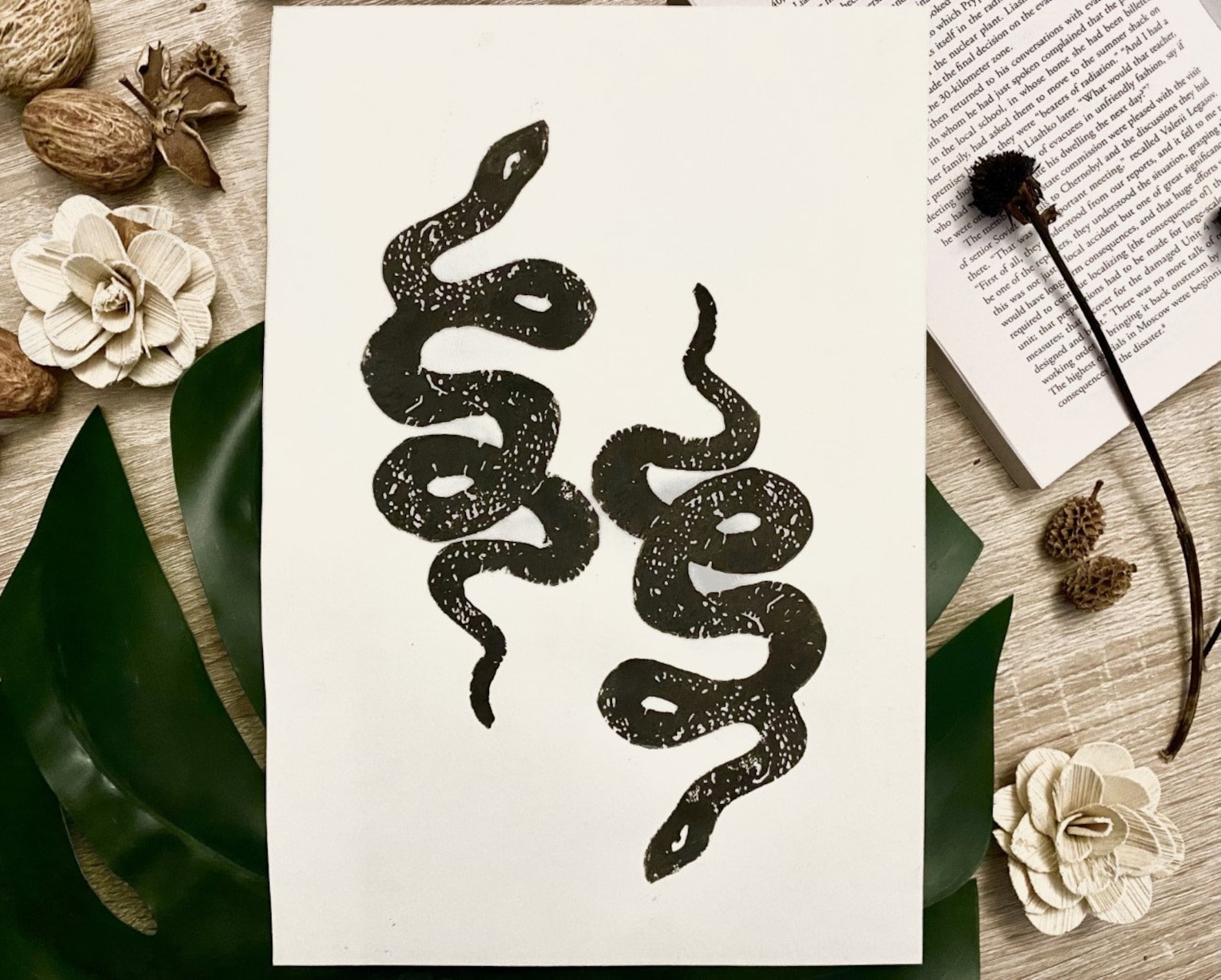 Two Snakes Linocut Print Original Print Etsy