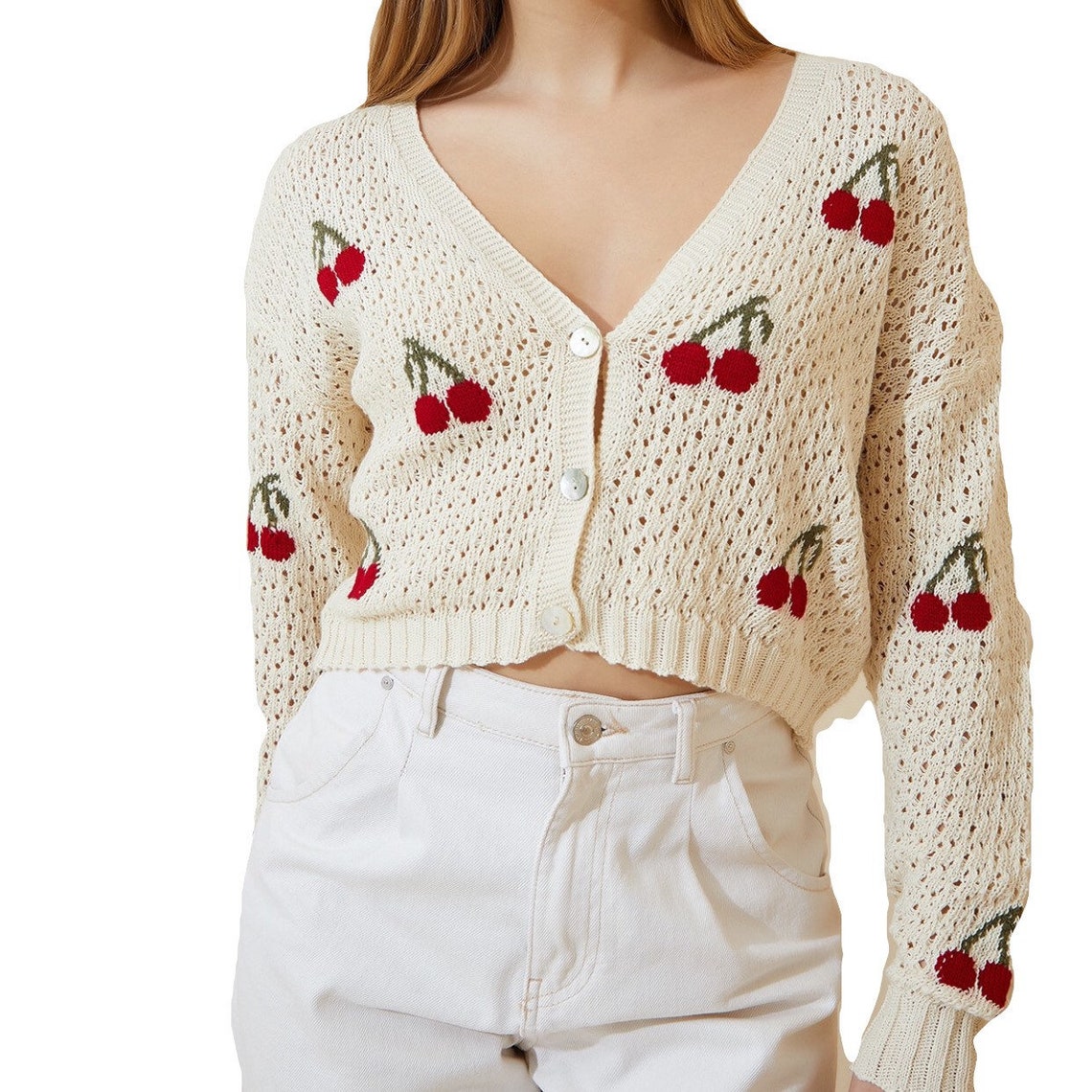 Cherry Cardigan Sweater Pullover Sweaters Woman Beige cherry Etsy