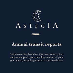 Rapport annuel de transit d’astrologie. Préparez-vous pour votre année à venir avec des dates exactes d’opportunités et de défis. Préparé pour vous ou en cadeau.