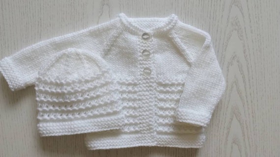 Hand Knitted Baby Cardigan and Hat Set: Unisex Newborn Gift various sizes and colours