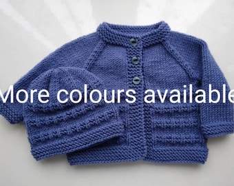 Hand knitted to order baby cardigan and hat newborn up to 12  months, baby shower gift, knitted baby clothes, newborn baby gift