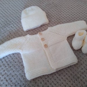 Knitted to order Prem, Newborn  and 0-3 months Baby Set (hand knitted cardigan , hat & booties), hand knitted baby clothes, newborn gift
