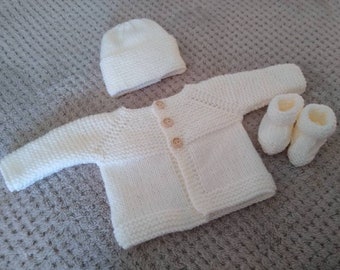 Knitted to order Prem, Newborn  and 0-3 months Baby Set (hand knitted cardigan , hat & booties), hand knitted baby clothes, newborn gift