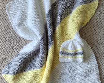Chunky Hand Knit Baby Blanket and Hat Set: White, Grey, Lemon