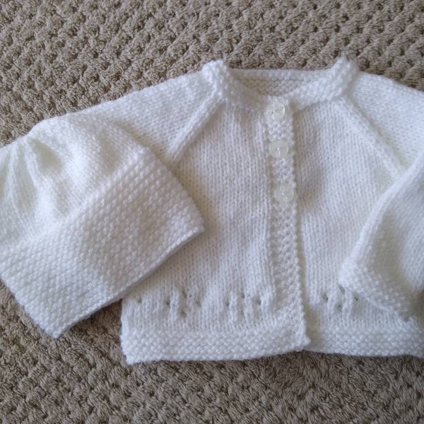 Prem and newborn hand knitted baby cardigan and hat set , hand knitted baby clothes, newborn gift, unisex baby knits, baby shower gift