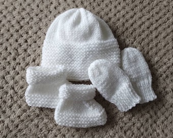 Hand Knitted Baby Hat, Booties & Mittens Set, Newborn Gift, various sizes and colours
